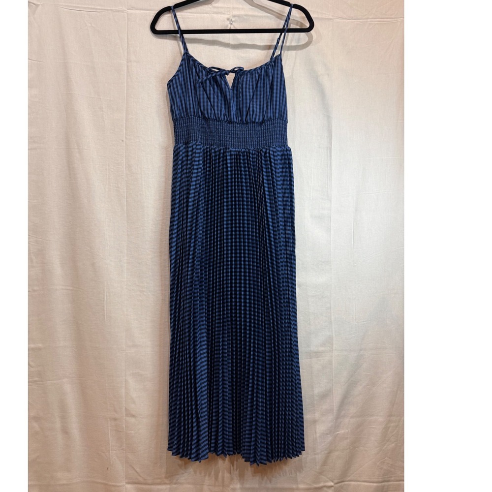 J.Crew‎ Blue Gingham Smocked Waist Pleated Maxi Dress Navy Royal Size 10